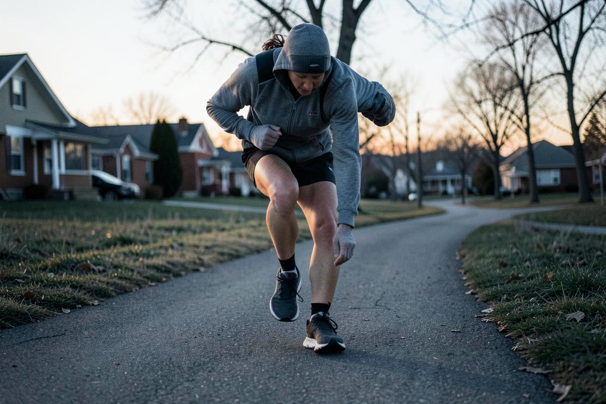 Adult runner tying a shoe on a neighborhood trail at sunrise