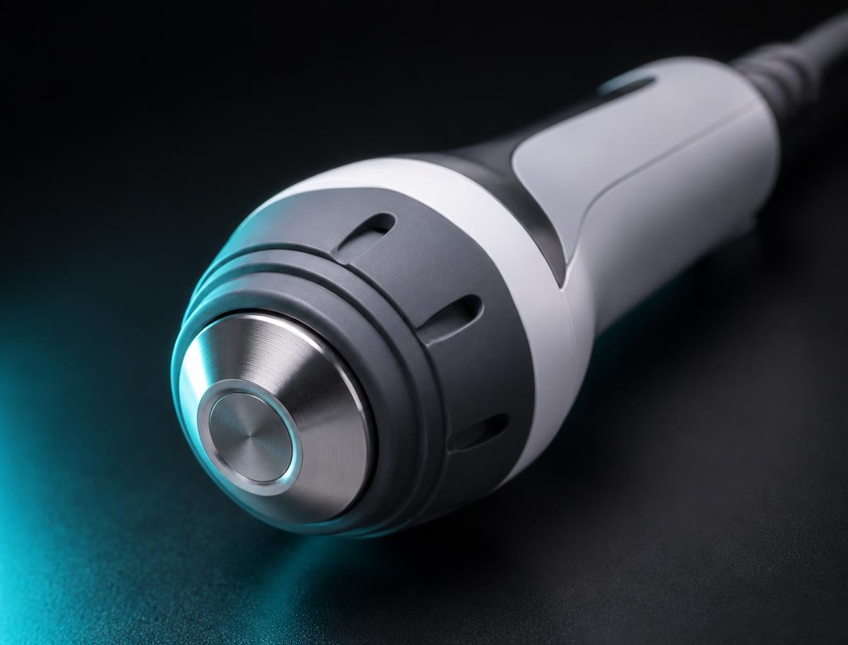 Close-up of an acoustic shockwave therapy applicator head